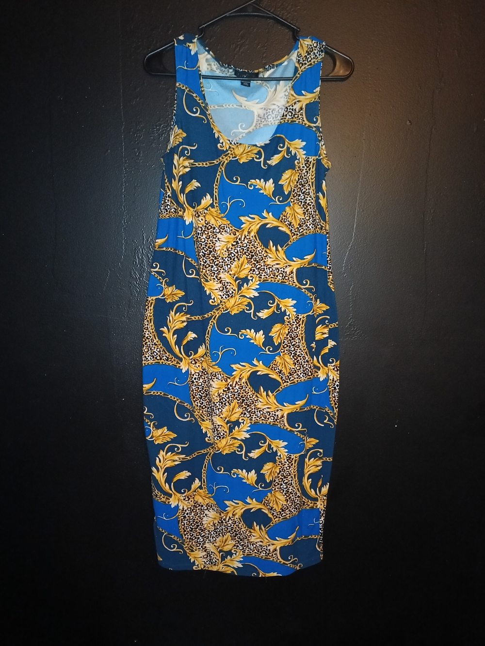 Sleeveless Blue & Gold Printed Midi Dress
